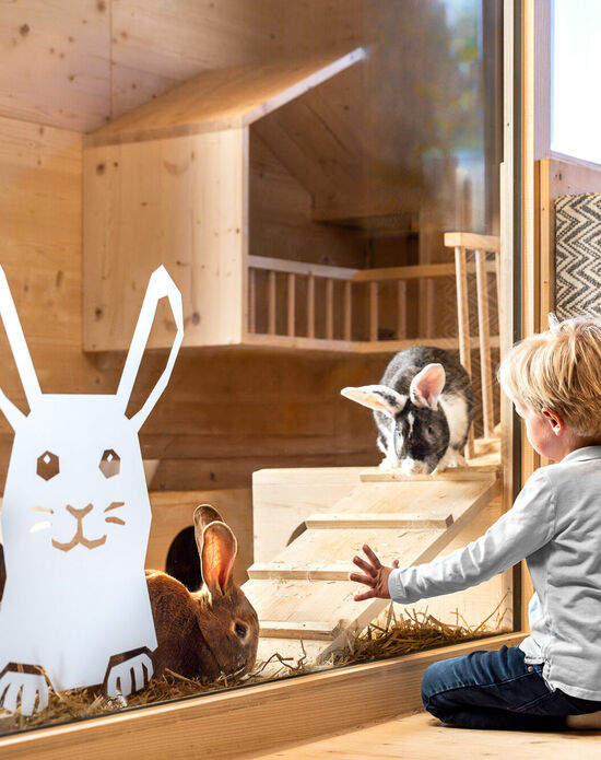 Streicheltiere in der Spielscheune im Kinderhotel Allgäuer Berghof