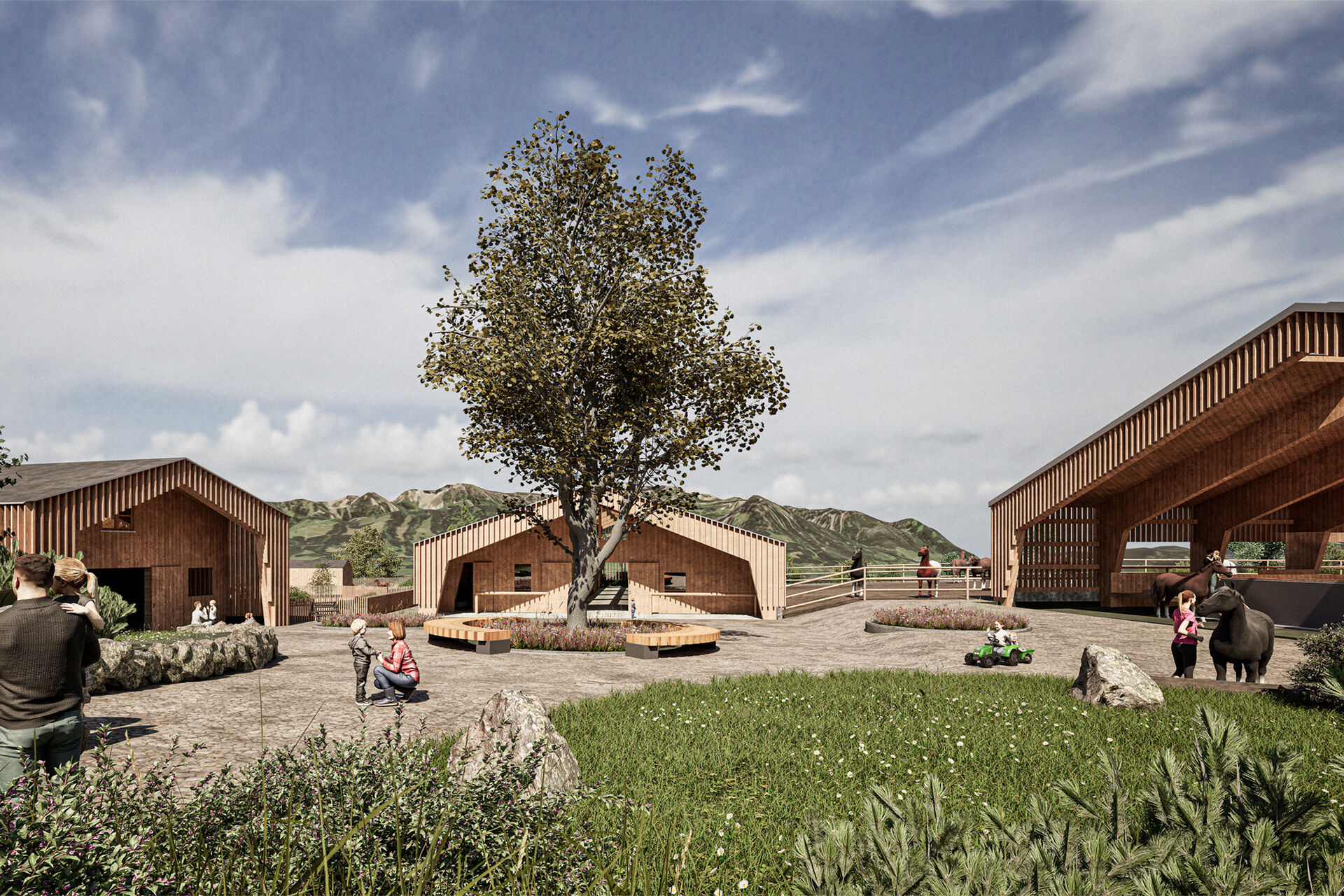 Dorfplatz des Erlebnishofs im Kinderhotel Allgäuer Berghof